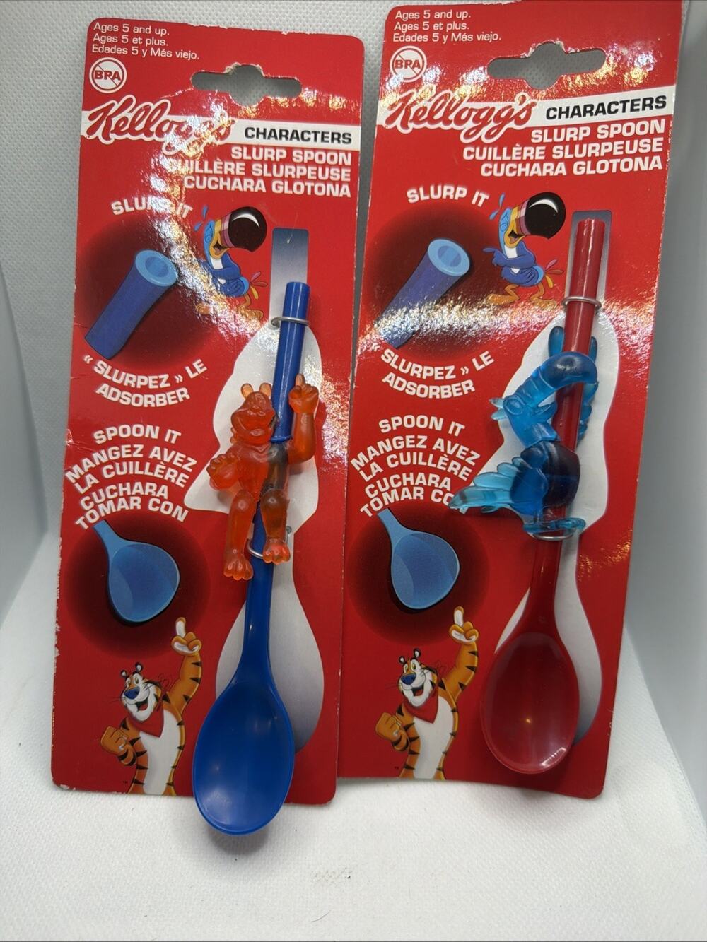 Kelloggs Characters Slurp Spoon Lot Of 2 Cereal Tony Tiger Vintage Carded